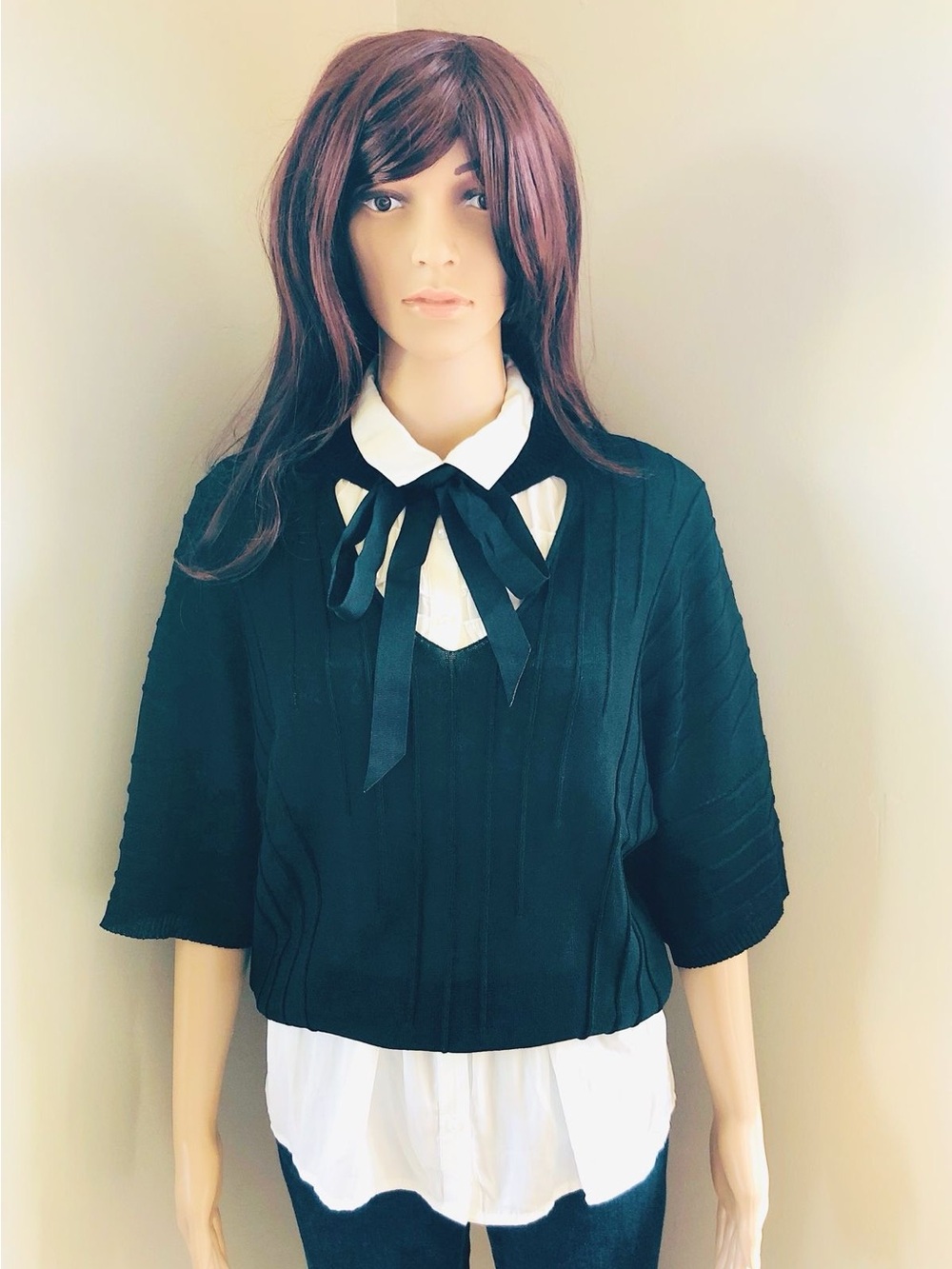 Very J Black Ribbed Choker Neck Blouse